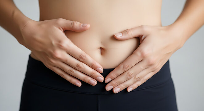 Close up of hands resting on a bare stomach. Health, wellness and digestion concept. Woman touching her abdomen on grey background