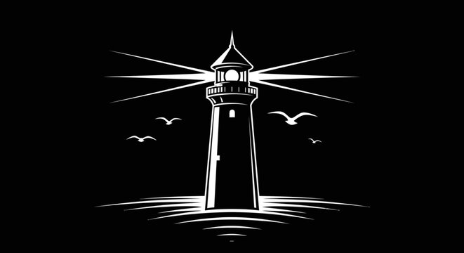 Shining lighthouse beacon at night, guiding ships with strong light rays over the sea, featuring seagulls in a nautical illustration.