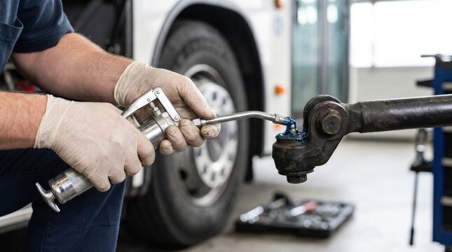 Mechanic using a pneumatic grease gun to lubricate the suspension joint of a heavy transit bus