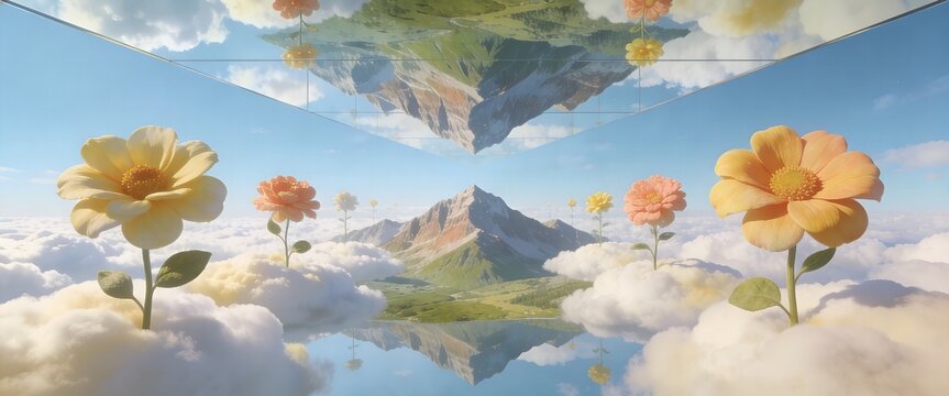 Fantasy Landscape with Colorful Blossoms in White Cloud, Sunny Blue Sky and Symmetrical Mountains