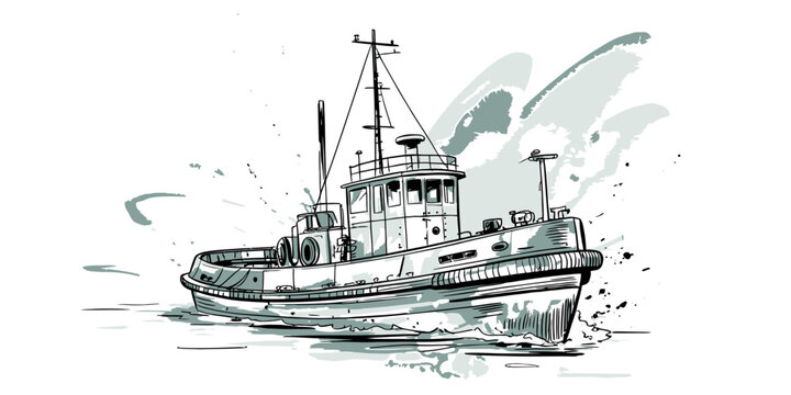A detailed black and white line drawing of a small tugboat ship sailing on the sea water representing maritime transport and heavy industry work vessel Vector, illustration