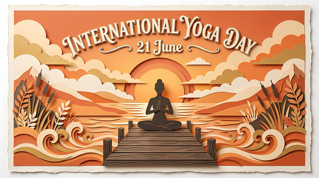 Papercut art international yoga day poster with meditating person