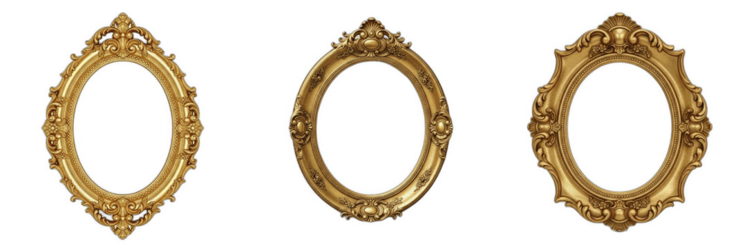 Set of Three Vintage Ornate Gold Frames, Luxury Antique Oval Picture Borders Isolated on White Background, Decorative Baroque Style Empty Frames for Art, Wedding Invitations, and Elegant Graphic Desig