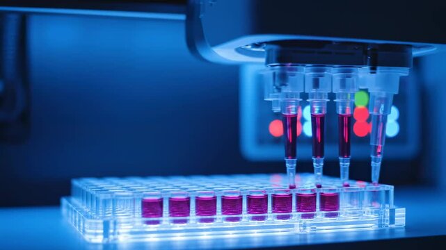Automated Laboratory Research showing robotic pipette dispensing red liquid into a microplate under blue lighting, ideal for biotechnology and pharmaceutical industry presentations.