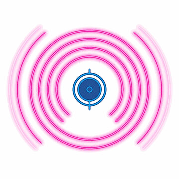 Neon radar signal icon with pink concentric waves emitting from a central blue beacon target.