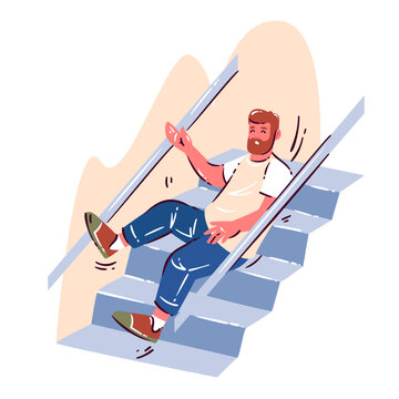 Man Falling Down Stairs on indoor staircase with handrail, worried face, slipped foot and motion marks. Home accident scene with man falling down stairs, flat lifestyle vector illustration