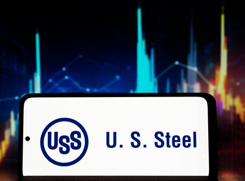 In this photo illustration,  The United States Steel Corporation logo seen displayed on a smartphone.