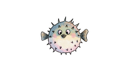 Isolated cute cartoon puffer fish, watercolor illustration of a sea animal character © Francisco
