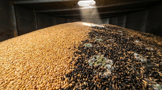 Massive pile of wheat grain inside a dark agricultural silo showing severe fungal mold and rot next to healthy seeds. Concept of global food security crisis, poor storage, crop loss, and agricultural.