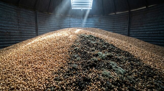 Gran mont&oacute;n de granos de trigo almacenados en un silo agr&iacute;cola mostrando grave moho y pudrici&oacute;n. Concepto de p&eacute;rdida de cosechas, crisis alimentaria global, problemas de log&iacute;stica y merma econ&oacute;mica