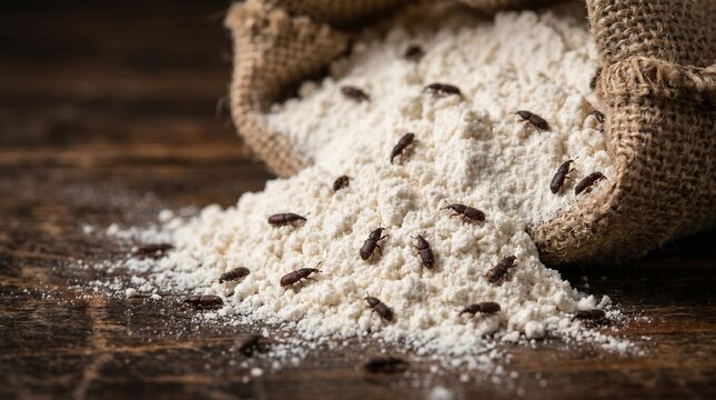 Macro close-up of flour beetles weevils crawling in spilled white flour from a burlap sack on a wooden table, concept of food contamination and pest infestation