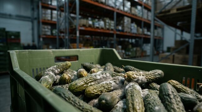 Pepinos podridos y cubiertos de moho en una caja de pl&aacute;stico dentro de un almac&eacute;n de alimentos, concepto de desperdicio alimentario, crisis agr&iacute;cola y problemas de log&iacute;stica