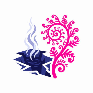 Stylized vector illustration of a pink fern koru next to a steaming geothermal crack in the ground.