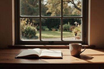 Naklejka premium Open notebook and coffee mug sit on wood table near large window. Garden view through window shows trees and green grass. Sunlight streams into cozy room.