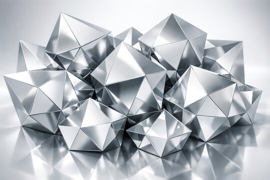 Group of metallic polyhedral geometric shapes on reflective surface with geometric metallic abstract polyhedron reflective