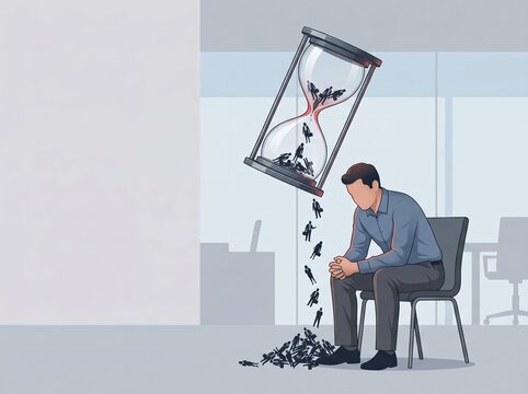 Laid-off worker beneath hourglass of falling employee silhouettes