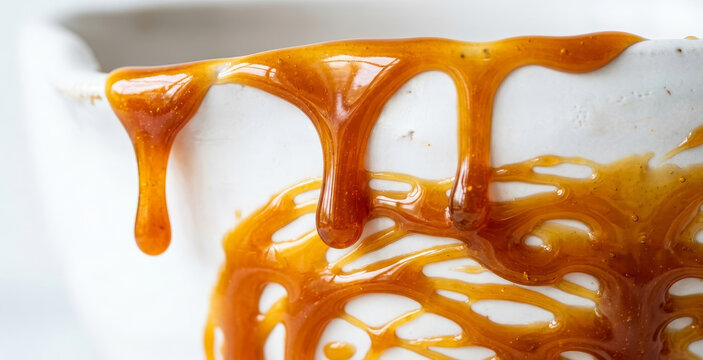 Golden caramel drips gracefully from the edge of a white bowl, creating an alluring contrast, rich texture, and a mouthwatering visual appeal.