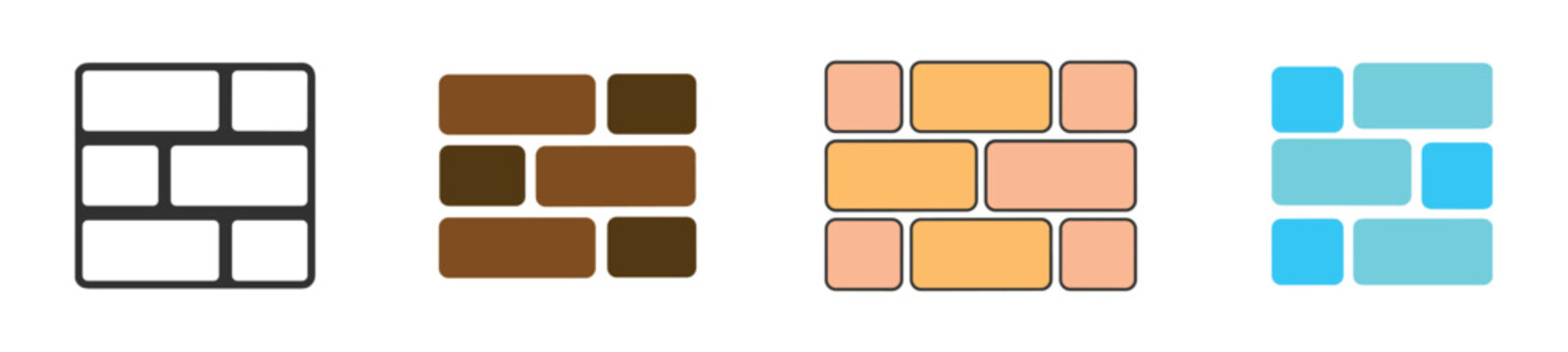 Brick Pattern Variations: A collection of four distinct brick wall patterns, showcasing different styles, colors, and orientations from a minimalist outline to vibrant hues.