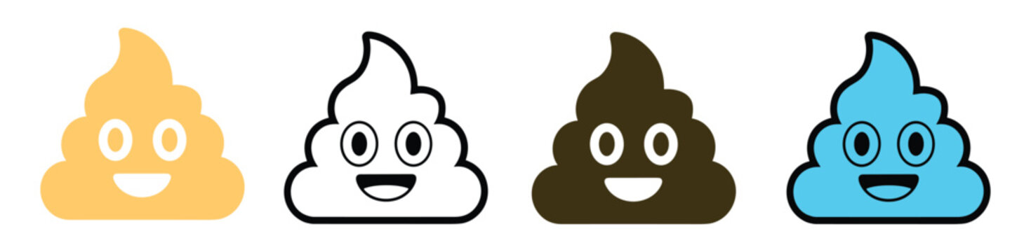 Poop Emoji Collection: A cheerful assortment of stylized poop emojis in yellow, white, brown, and blue, each with a smiling face and distinct personality, presented in a simple graphic design