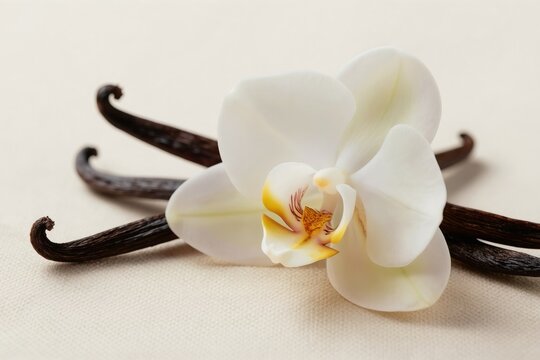White vanilla orchid blossom with dark cured vanilla bean pods on neutral textured background. Soft natural light accentuates delicate petals and spice aroma.