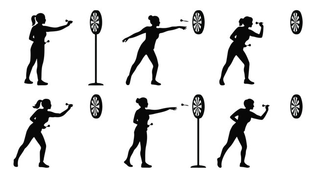 Silhouette of a woman throwing darts in various poses