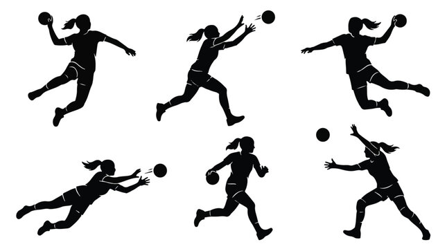 Silhouettes of women playing handball in various dynamic poses