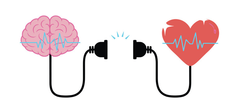 Brain and Heart Connection: An illustration depicting the interconnectedness between the brain and the heart, symbolized by electrical plugs linking the two organs.