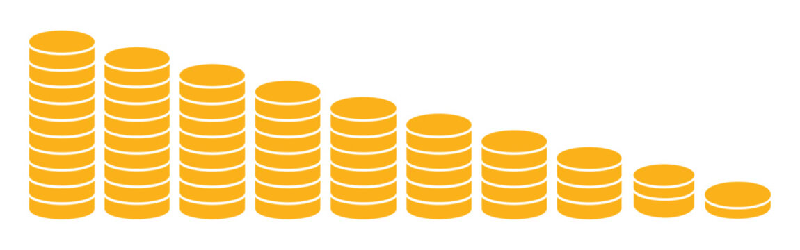 Falling Coin Stacks: A visual representation of decreasing stacks of gold coins, symbolizing a financial downturn or economic decline.