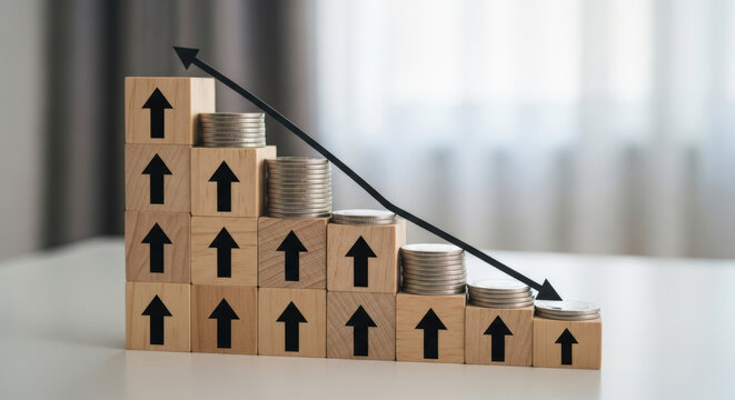 Stairway to Growth Wooden Blocks Coins Stacked with Arrow Pointing Up and Down Business Development Progress Success and Failure Strategy