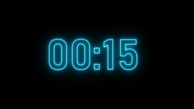 A beautiful glowing neon 0 second to 3 minute countdown. zero second to three minute countdown timer animation on transparent background with alpha channel. Glowing 4K countdown animation.