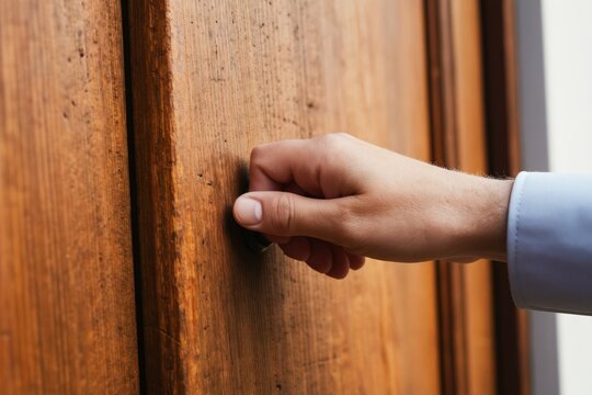 Man hand knocks on wooden door. Person waits for entry. Visitor arrives at house. Arrival at home. Business meeting start. Guest at entrance.