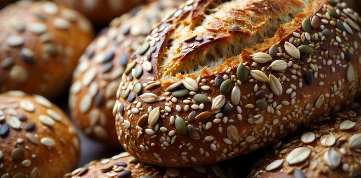 Assorted rustic loaves of multigrain bread covered in seeds with seed covered baked loaf artisan bread freshly baked bread variety whole grain nutritious food rustic baking bakery goods