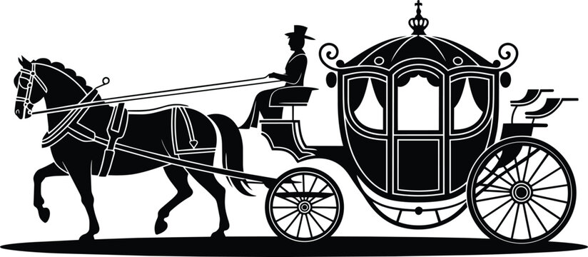 Horse drawn carriage with driver and crown emblem on top, black silhouette illustration and hat, clip art, and white in outline style