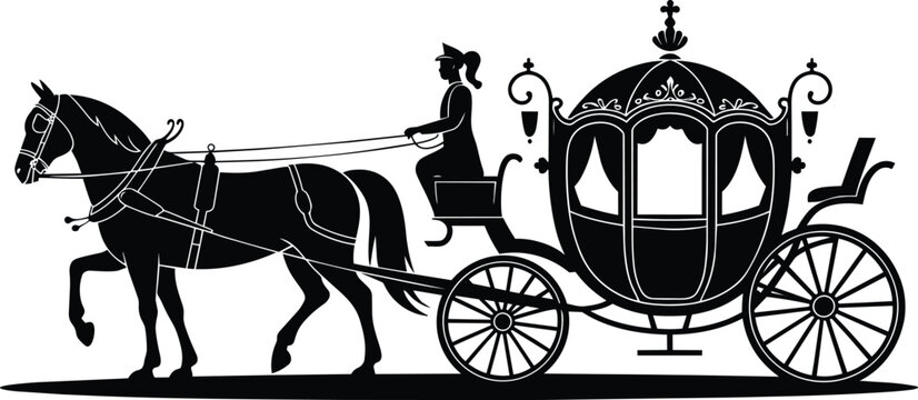 Horse drawn carriage with driver and ornate passenger compartment in black silhouette and horse-drawn and old fashioned