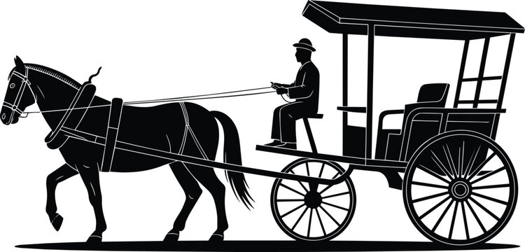 Horse drawn carriage with driver in vintage style vector silhouette and clip art and black and white in outline style
