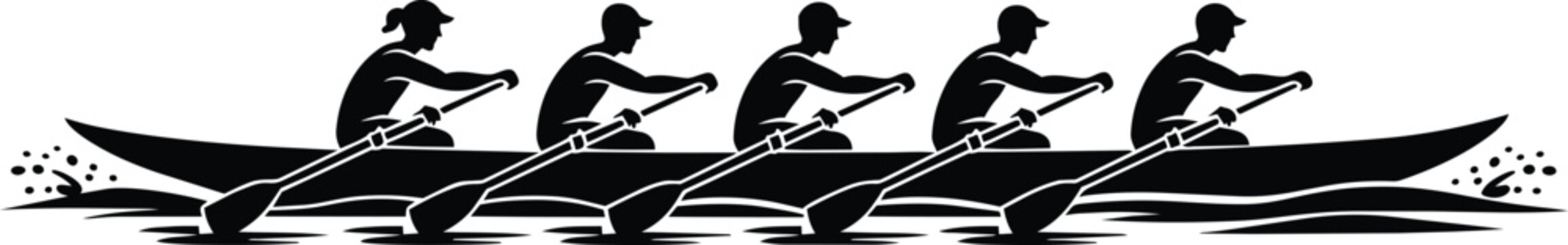 Person rowing team in a boat, synchronized paddling forward on water and black and white icons
