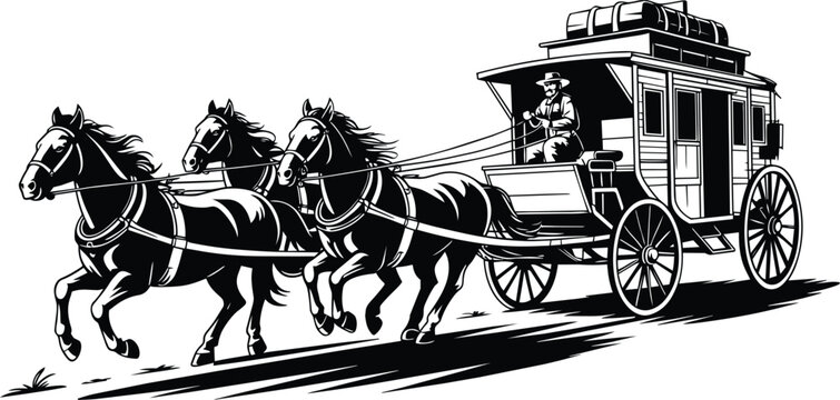 Vintage stagecoach with three horses pulling and a driver, detailed illustration and transport, wild west, and horse