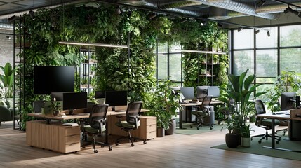 Fototapeta premium Modern Eco Office Interior Shows Green Plants and Natural Materials for Sustainable Workspace Design in Bright Room With Panoramic View