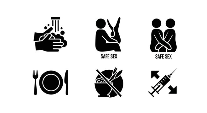 Hygiene and Safety Icons: Hand Washing, Safe Sex, Food, and Syringe