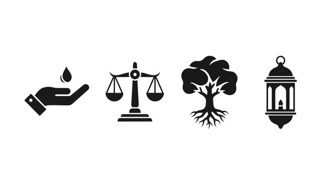 Icons of Nature, Justice, and Light: Water drop, Scales, Tree, Lantern