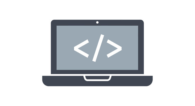 Laptop displaying code symbols, computer programming icon, digital technology concept.