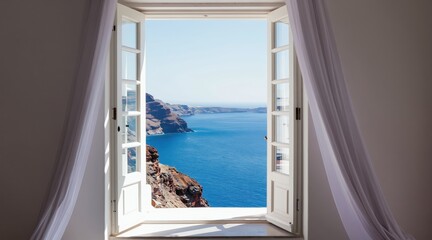 Obraz premium Open doors reveal bright blue sea and rocky cliffs under clear sky. Light white curtains gently move in breeze. Interior view towards ocean landscape.