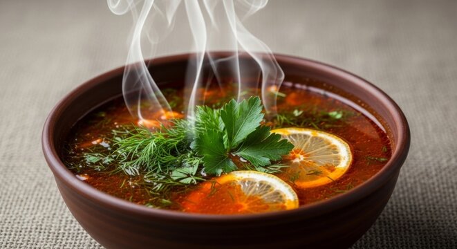 Steaming hot solyanka soup in rustic bowl with lemon and dill, cinematic food photography for gourmet publications