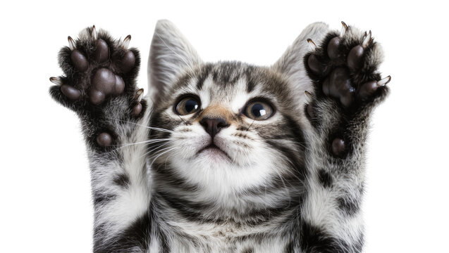 Isolated cute tabby kitten reaching up with sharp claws, adorable playful pet climbing action