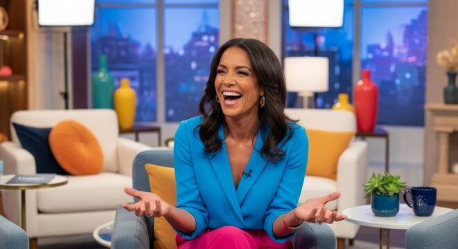 Energetic talk show host laughing warmly in a modern studio, engaging audience with positive charisma and vibrant energy.