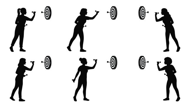 Silhouette of a woman throwing darts in various poses
