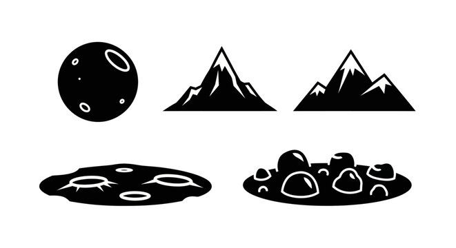 Set of Silhouette Icons: Moon, Mountains, Meteorite, Planet Surface