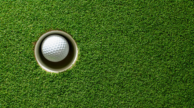 White golf ball falling into cup on green grass field. Top view of classic dimpled ball inside hole on putting green turf. Sports background with copy space