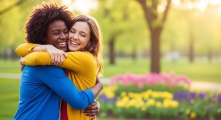 Fototapeta premium Diverse friends embracing warmly in a sunlit park with blooming flowers, celebrating connection and happiness