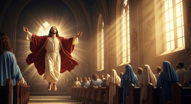 Jesus Ascends in Church, Bathed in Divine Light, Inspiring Awe in Worshippers